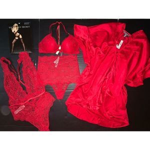 Victoria's Secret 34B BRA SET+S high-waist thong+M TEDDY+ROBE RED lace chain